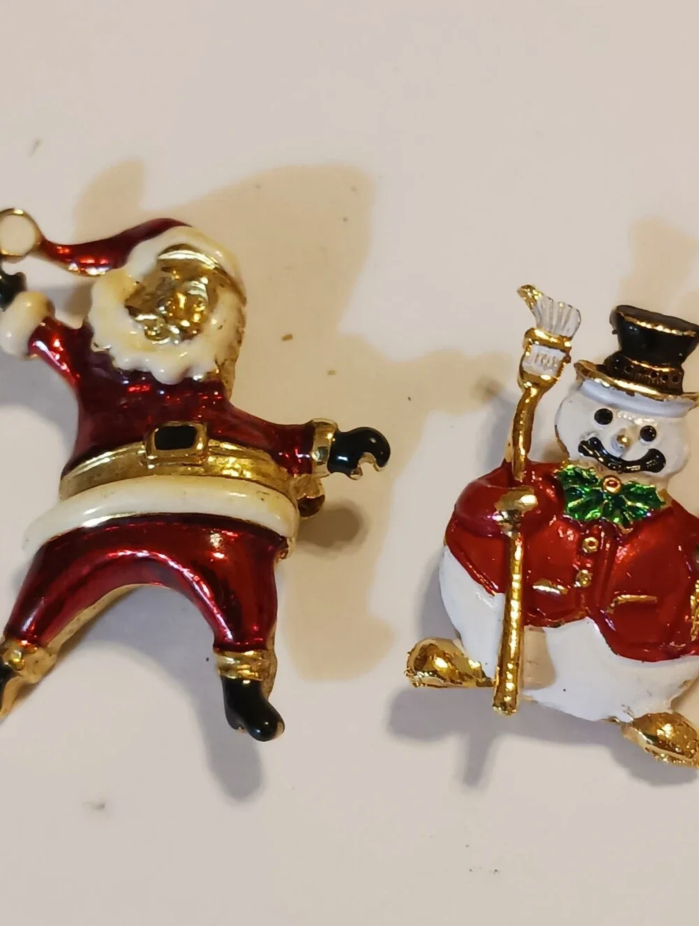 Vintage 1960s Sweater Pins, Enamel Santa And Snowman Christmas Brooches